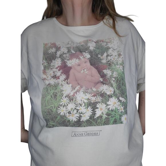 Vintage 90s Size 2X Anne Geddes 100% Cotton T Shirt Yellow Baby Daisies FLAWS - Picture 2 of 11